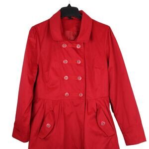 Red Double Breasted mid Weight Pea Trench Jacket Spring Classic Capsule Sz L EUC